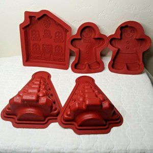 Christmas Holiday Tree Shaped House Gingerbread Silicone Baking Molds Large Red
